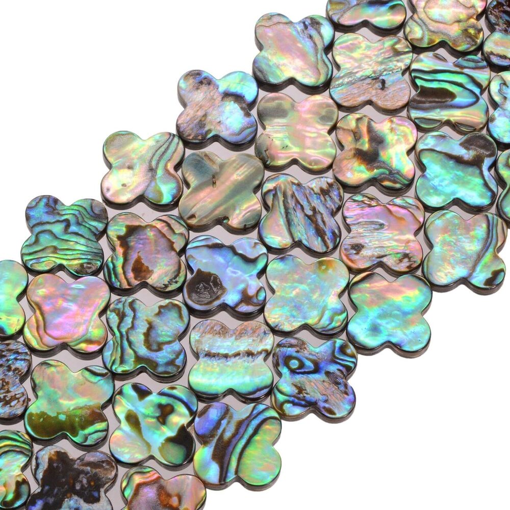 6237 Natural Abalone Shell 16mm Flat Four Leaf Clover Loose Beads Strand
